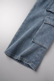 Light Blue Casual Solid Patchwork Mid Waist Straight Cargo Denim Jeans