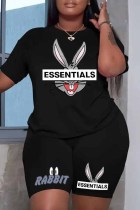 Black Street Character Print Letter O Neck Plus Size Two Pieces