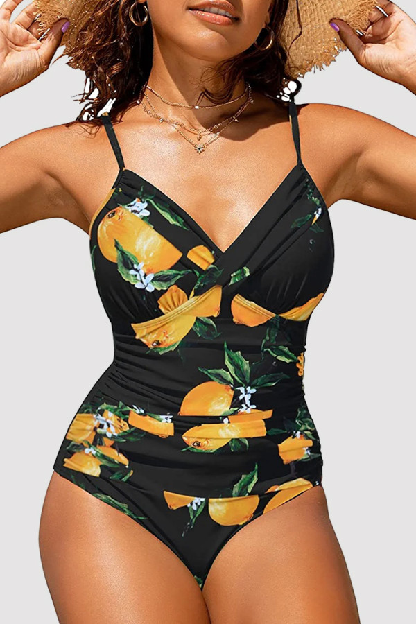 Maillots de bain pli dos nu imprimé sexy noir jaune (avec rembourrages)