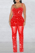 Red Sexy Patchwork Hot Drilling Backless Spaghetti Strap Cami Skinny Jumpsuits (Subject To The Actual Object)
