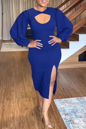 Blue Elegant Solid Hollowed Out Patchwork Slit O Neck Wrapped Skirt Dresses