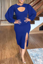 Blauwe elegante effen uitgeholde jurken met slit O-hals omwikkelde rok