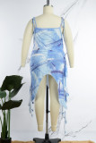 Blue Sexy Casual Party Not Positioning Printed Bandage Hollowed Out Flounce Printing Spaghetti Strap Sleeveless Two Pieces