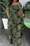 Green Casual Print Patchwork Pocket Off the Shoulder Lantern Dress Dresses