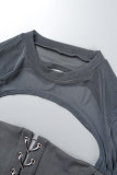 Cinza escuro Sexy Work Street Elegante Sólido vazado Patchwork Design Alça Mesh Decote em O Tops cintura alta