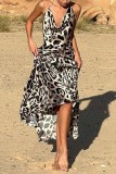 Леопардовый принт Сексуальная повязка с открытой спиной Холтер Длинное платье Платья