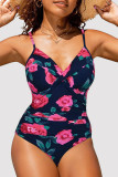 Black Pink Sexy Print Backless Fold Swimwears (With Paddings)