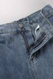 Голубые повседневные прямые джинсы со средней посадкой из однотонной ткани в стиле пэчворк
