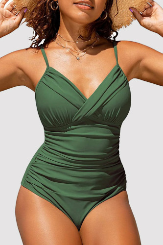 Sexy, einfarbige, rückenfreie, gefaltete Badebekleidung in Armeegrün (mit Polsterung)