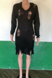 Black Sexy Solid Ripped V Neck Sheath Dresses