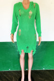 Green Sexy Solid Ripped V Neck Sheath Dresses