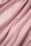 Rosa Casual Solid Patchwork Calças Regulares de Cintura Alta Convencionais de Cor Sólida