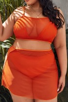 Red Sexy Solid See-through Backless Plus Size Swimwear Four Piece Set (With Paddings)