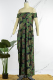Groene casual print patchwork zak off-shoulder lantaarn jurk jurken