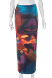 Pantaloni a stampa intera a matita a vita alta con patchwork multicolore con stampa stradale