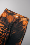 Calça marrom casual estampada básica regular cintura alta convencional com estampa completa