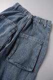 Lichtblauwe casual effen patchwork jeans met halfhoge taille en rechte spijkerbroek