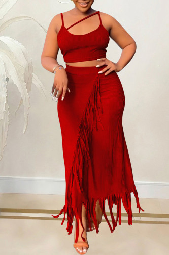 Red Sexy Casual Solid Tassel Patchwork Backless Spaghetti Strap Sleeveless Two Pieces