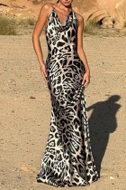 Leopardenmuster, sexy Druck, Bandage, rückenfrei, Neckholder, langes Kleid