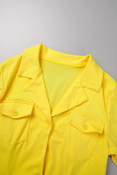 Gelbe, lässige, einfarbige, gerade Kleider mit Patchwork-Tasche und Umlegekragen