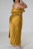 Goldfarbenes, elegantes, solides Patchwork-Kleid mit Kordelzug und schrägem Kragen, einstufiger Rock in Übergröße