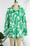 Collo della camicia di base con stampa casual verde manica lunga due pezzi