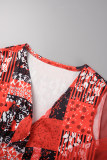 Vestidos de patchwork estampados vermelhos casuais com decote em V e manga comprida