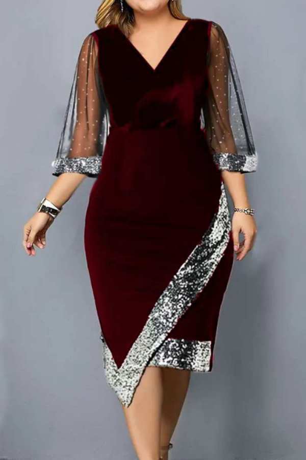 Бордовые повседневные платья в стиле пэчворк с блестками и V-образным вырезом Нерегулярные платья Платья