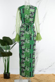 Groene casual print patchwork jurken met split, V-hals en lange mouwen
