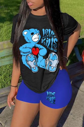 Blue Black Casual Print Patchwork O Neck Short Sleeve Two Pieces
