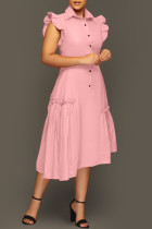 ピンク カジュアル ソリッド パッチワーク ターンダウン カラー イレギュラー ドレス ドレス
