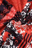 Vestidos de manga larga con cuello en V y abertura de patchwork con estampado informal rojo