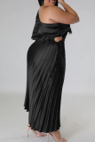 バーガンディ エレガント ソリッド パッチワーク ドローストリング フォールド オブリーク カラー ワン ステップ スカート プラス サイズ ドレス