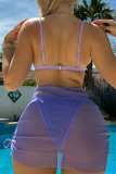 Ensemble de trois pièces de maillot de bain dos nu transparent solide évidé violet pourpre (avec rembourrages)