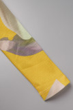 Patchwork estampado casual amarelo dobrado meia gola alta manga comprida duas peças