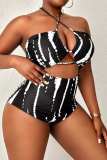 Black Sexy Print Bandage Hollowed Out Backless Halter Plus Size Swimwear (With Paddings)
