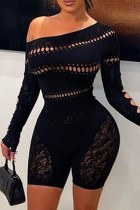 Black Sexy Solid Hollowed Out Oblique Collar Skinny Romper
