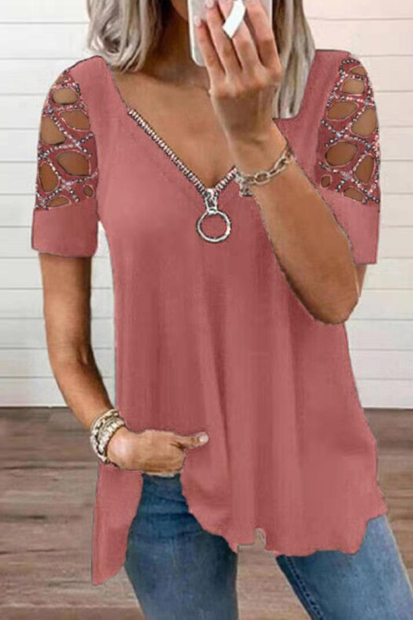 T-shirt con scollo a V trapuntato caldo patchwork scavato solido casual rosa