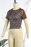 Dark Brown Casual Print Patchwork Letter O Neck T-Shirts