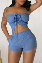 Sky Blue Sexy Solid Bandage Patchwork Strapless Sleeveless Two Pieces Tube Crop Tops And Shorts Set
