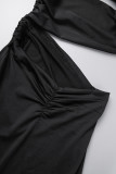 ブラック セクシー ソリッド バックレス スリット スパゲッティ ストラップ ロング ドレス ドレス