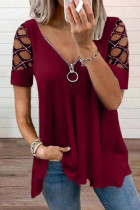 Burgundy Casual Solid Hollowed Out Patchwork Hot Drill V Neck T-Shirts