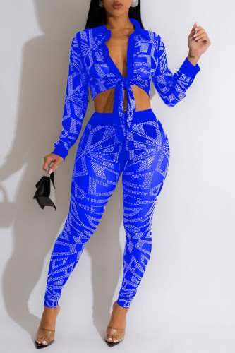 Blue Sexy Patchwork Hot Drilling See-through Turndown Collar Long Sleeve Two Pieces