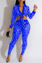 Blue Sexy Patchwork Hot Drilling See-through Turndown Collar Long Sleeve Two Pieces