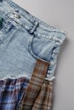 Cowboyblå Street Print Patchwork asymmetriska jeanskjolar med hög midja