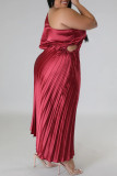Dourado elegante sólido patchwork com cordão dobrado gola oblíqua saia de um degrau vestidos tamanho grande