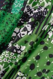 Grüne, lässige Print-Patchwork-Schlitz-V-Ausschnitt-Langarmkleider