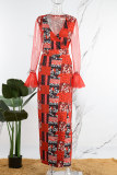 Rode casual print patchwork split V-hals jurken met lange mouwen