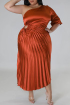 Orange Elegant Solid Patchwork Draw String Fold Oblique Collar One Step Skirt Plus Size Dresses