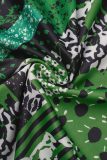 Robes vertes décontractées à imprimé patchwork fendu col en V à manches longues